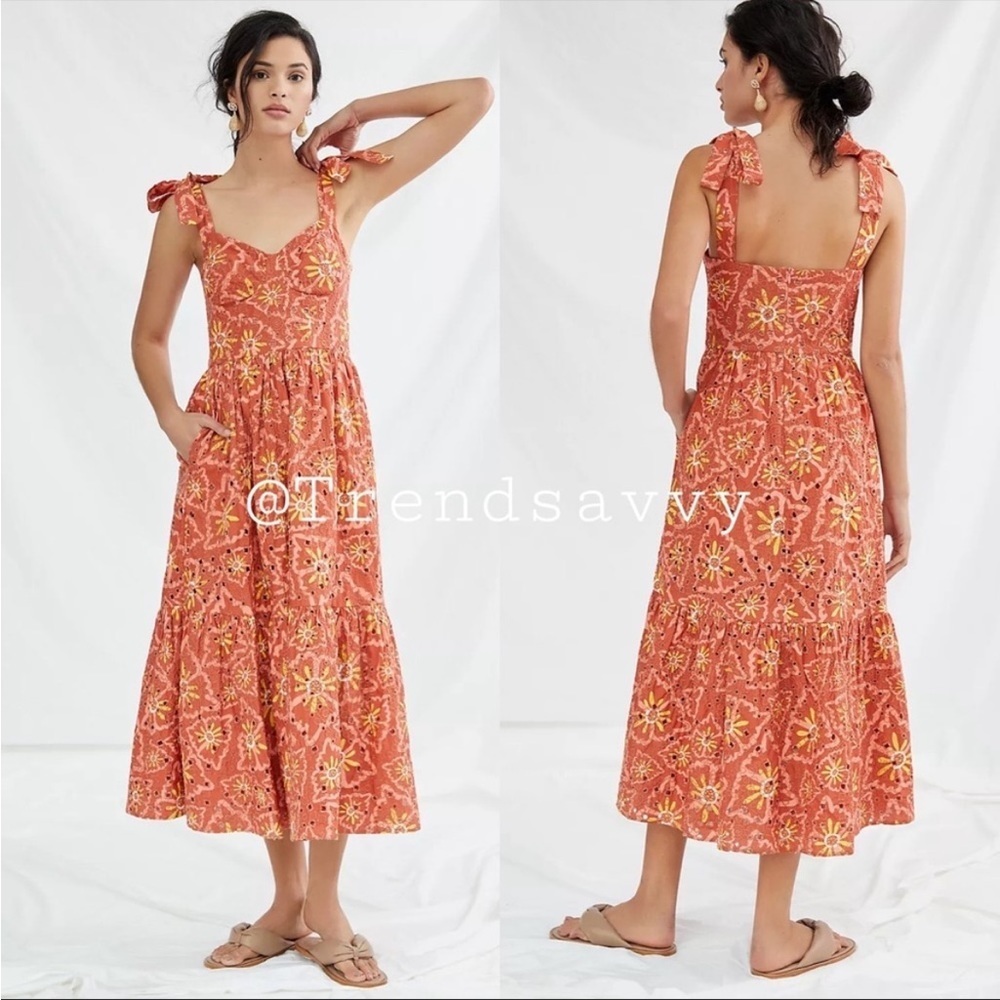 Anthropologie Atelier 1756 Amber Eyelet Tie Strap Midi Dress Orange Medium NWT